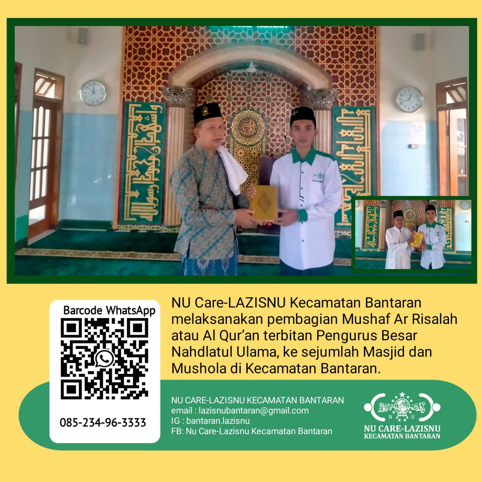 Lazisnu Bantaran Salurkan Quran Wakaf untuk Musala dan Masjid